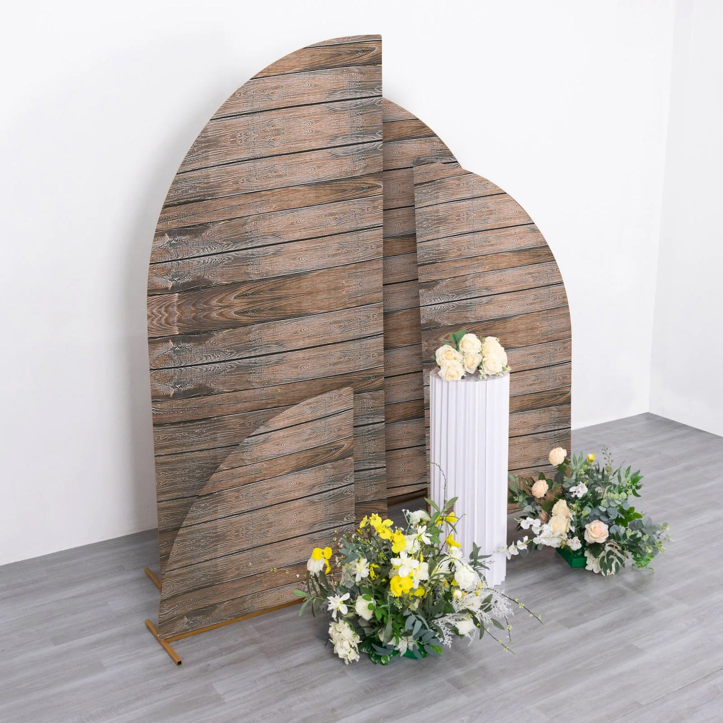 Set of 4 Brown Spandex Chiara Wedding Arch Covers With Rustic Wood Print, Fitted Covers For Half Moon Backdrop Stands - 2.5ft, 5ft, 6ft, 7ft