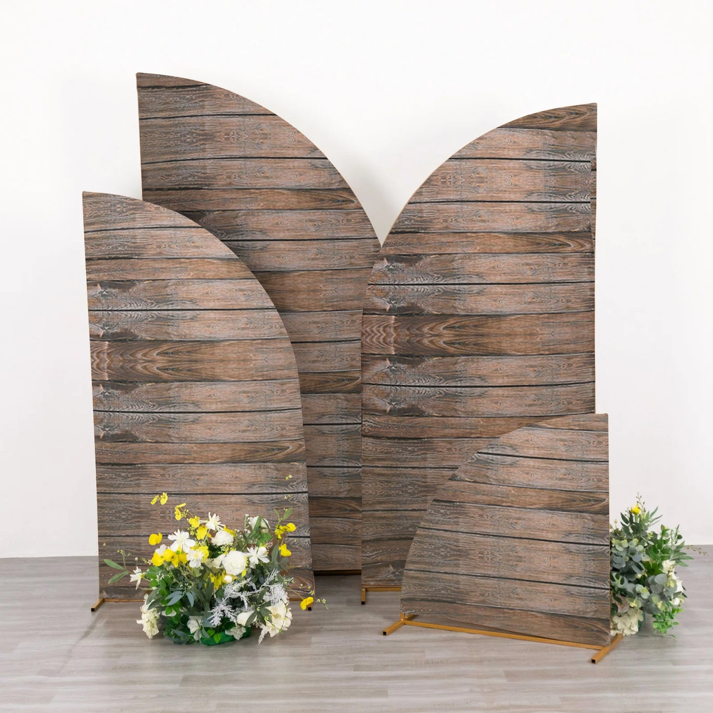 Set of 4 Brown Spandex Chiara Wedding Arch Covers With Rustic Wood Print, Fitted Covers For Half Moon Backdrop Stands - 2.5ft, 5ft, 6ft, 7ft