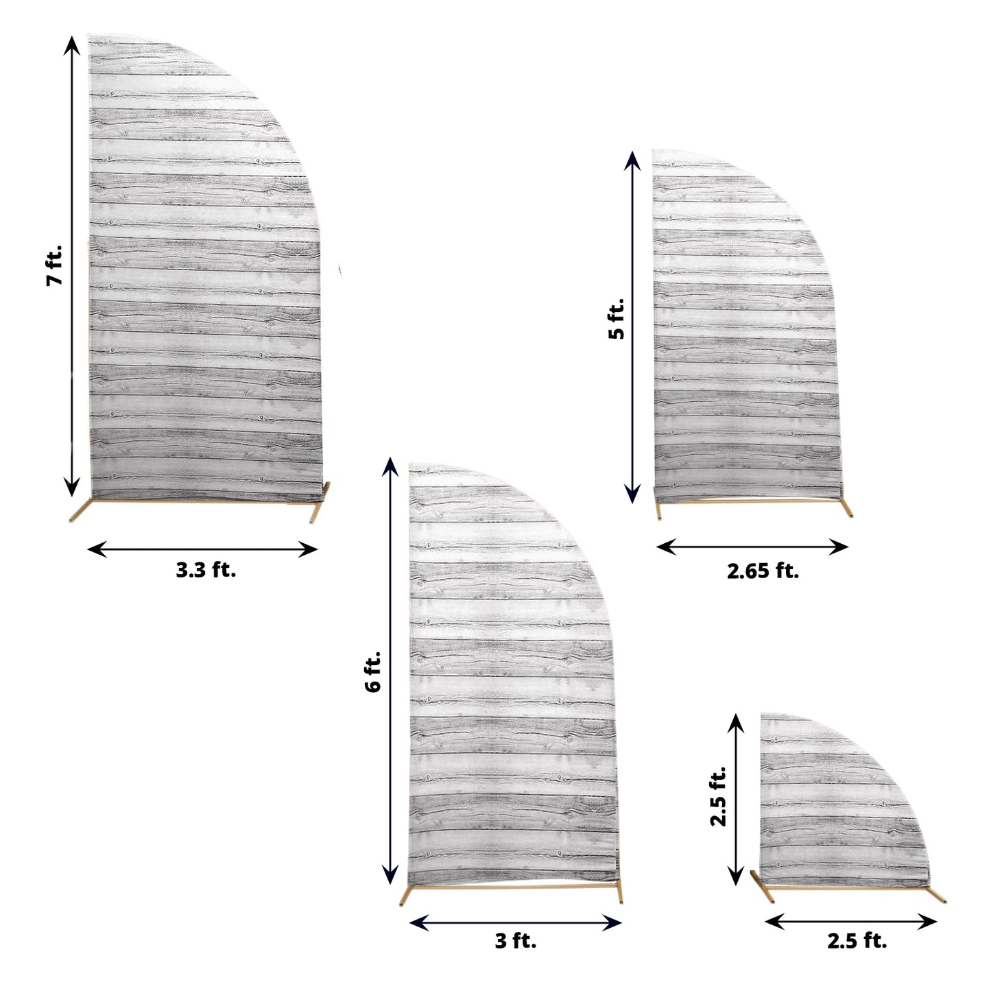 Set of 4 Whitewash Rustic Wood Print Spandex Chiara Wedding Arch Covers, Fitted Covers For Half Moon Backdrop Stands - 2.5ft, 5ft, 6ft, 7ft
