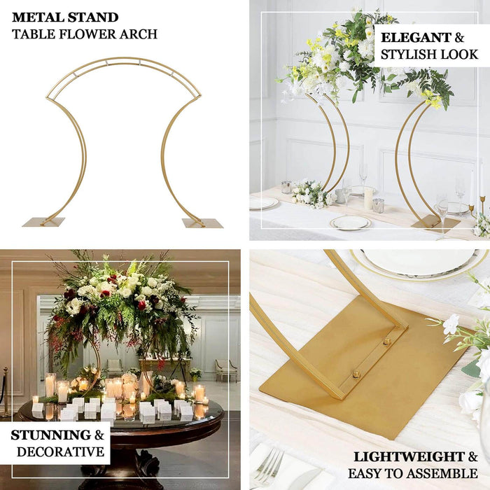 Gold metal floral arch frame centerpiece for elegant wedding decor.