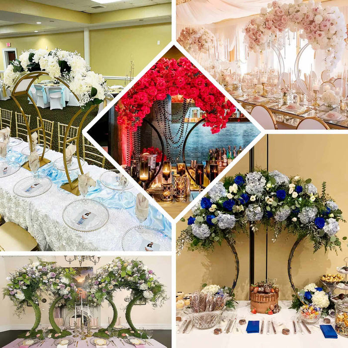 Gold floral arch centerpiece stand for weddings and events.