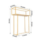 Gold floral arrangement tabletop display rack, 48 inches tall, rectangular centerpiece stand.