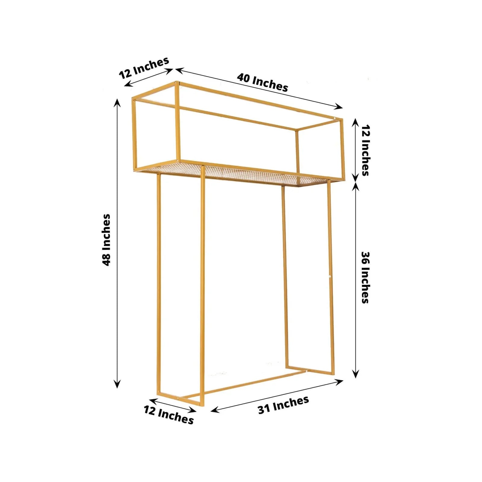 Gold floral arrangement tabletop display rack, 48 inches tall, rectangular centerpiece stand.