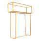 Gold floral arrangement tabletop display rack, tall rectangular centerpiece stand.
