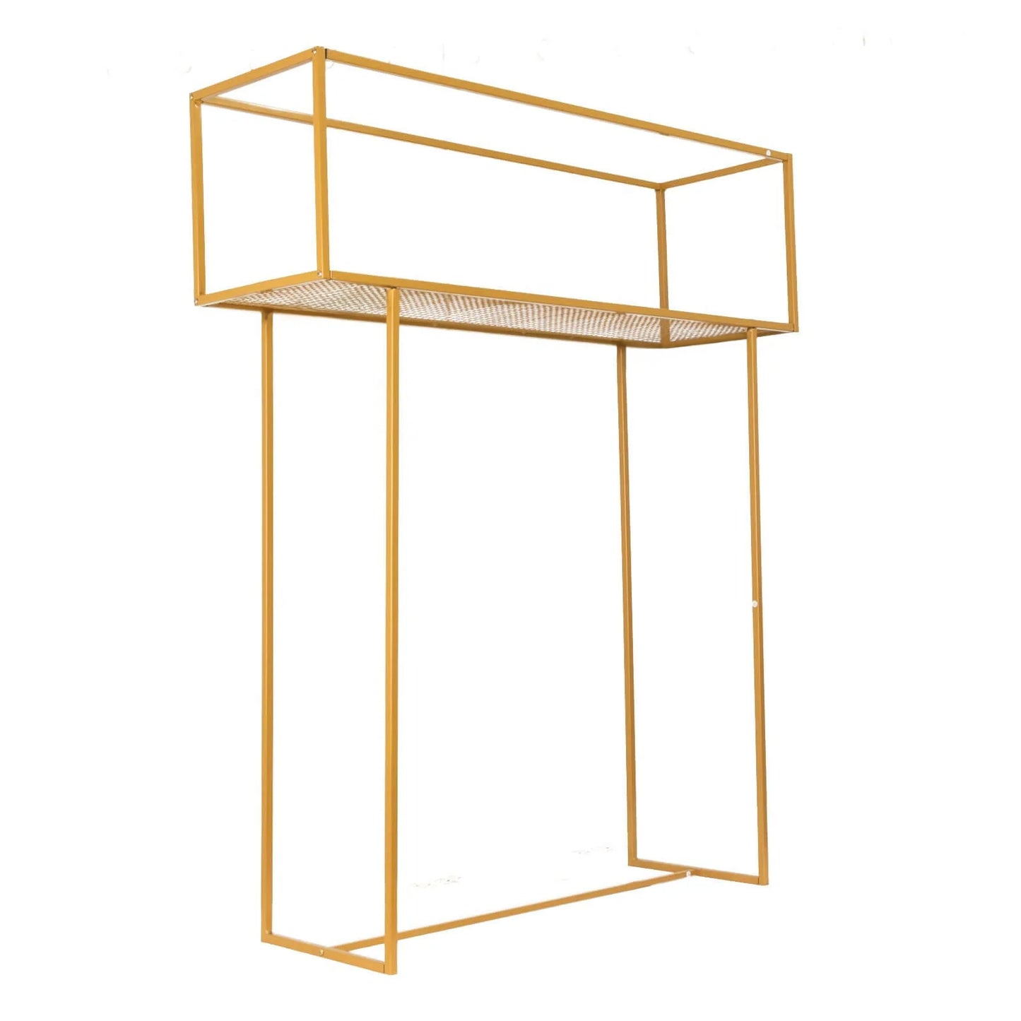 Gold floral arrangement tabletop display rack, tall rectangular centerpiece stand.