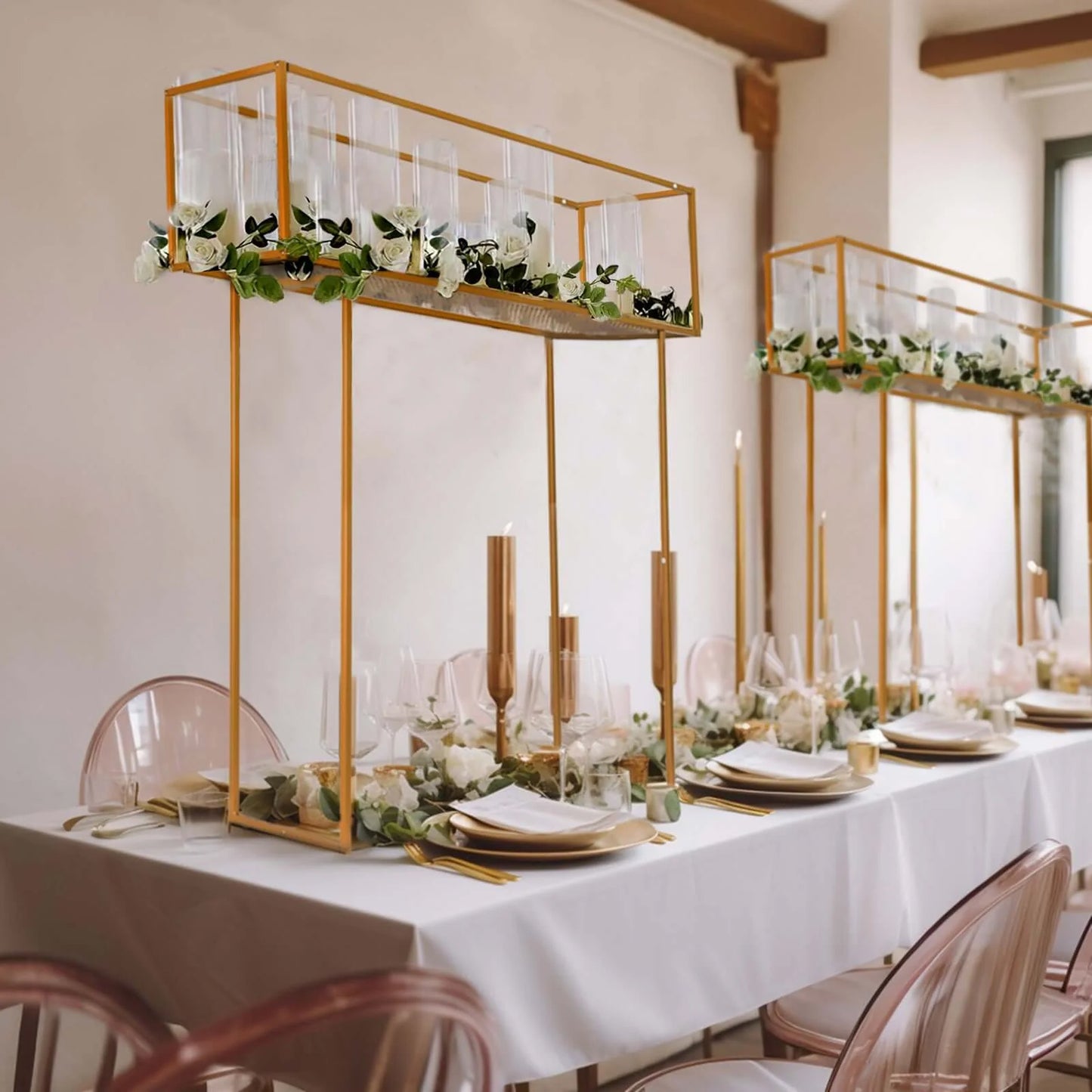 Gold floral arrangement tabletop display rack centerpiece stand.
