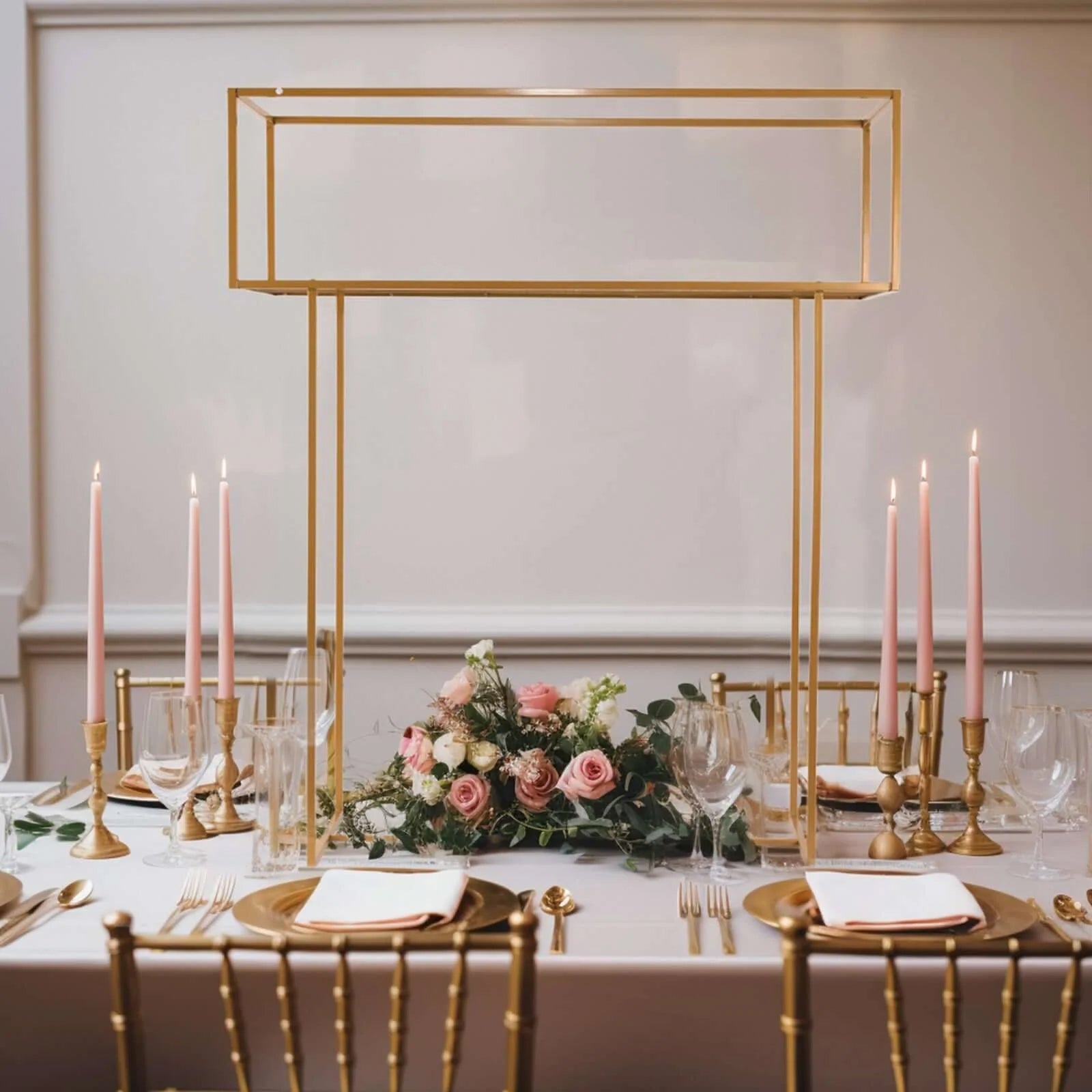Gold floral arrangement tabletop display rack centerpiece stand.