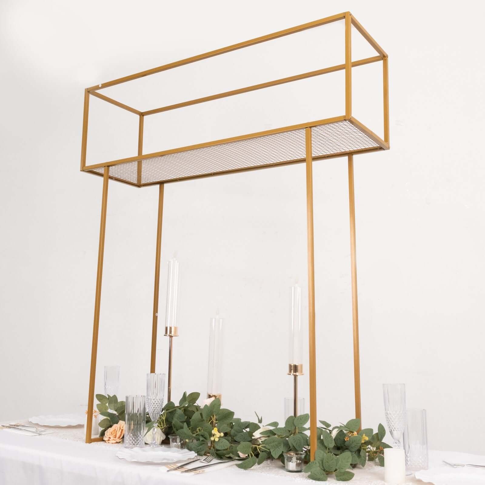 Gold floral arrangement tabletop display rack centerpiece stand.