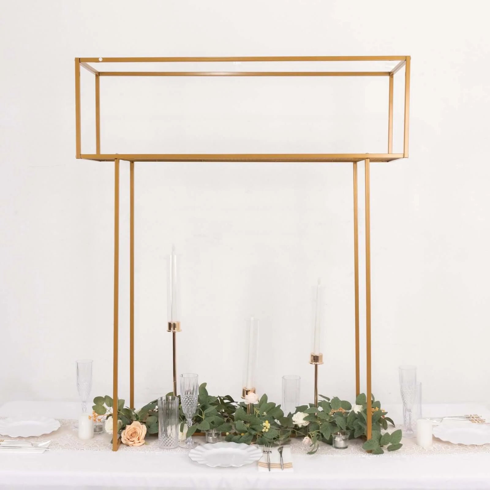 Gold metal floral arrangement tabletop display rack centerpiece stand.