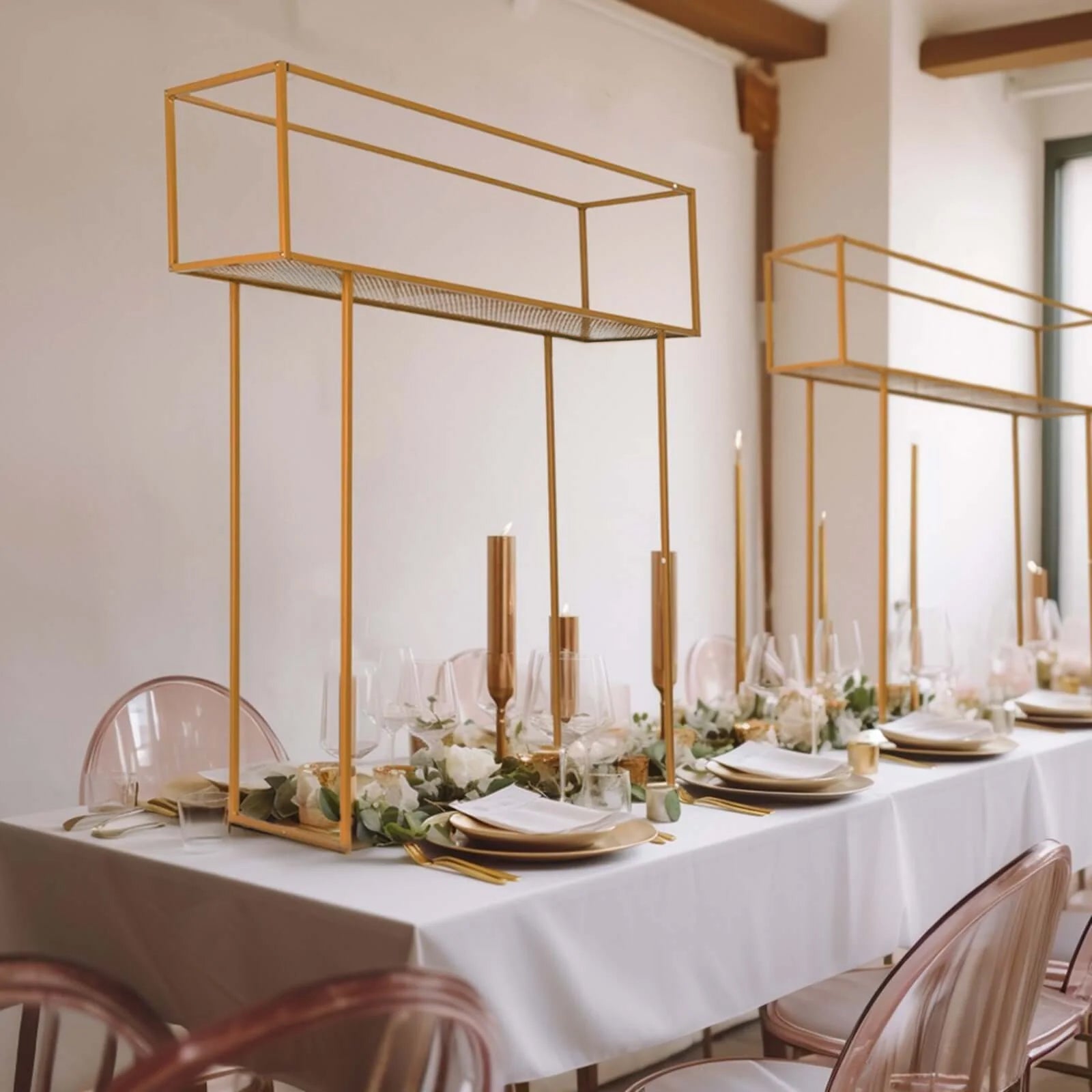 Gold floral arrangement tabletop display rack centerpiece stand.