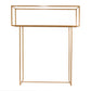 Gold floral arrangement tabletop display rack, tall rectangular centerpiece stand.