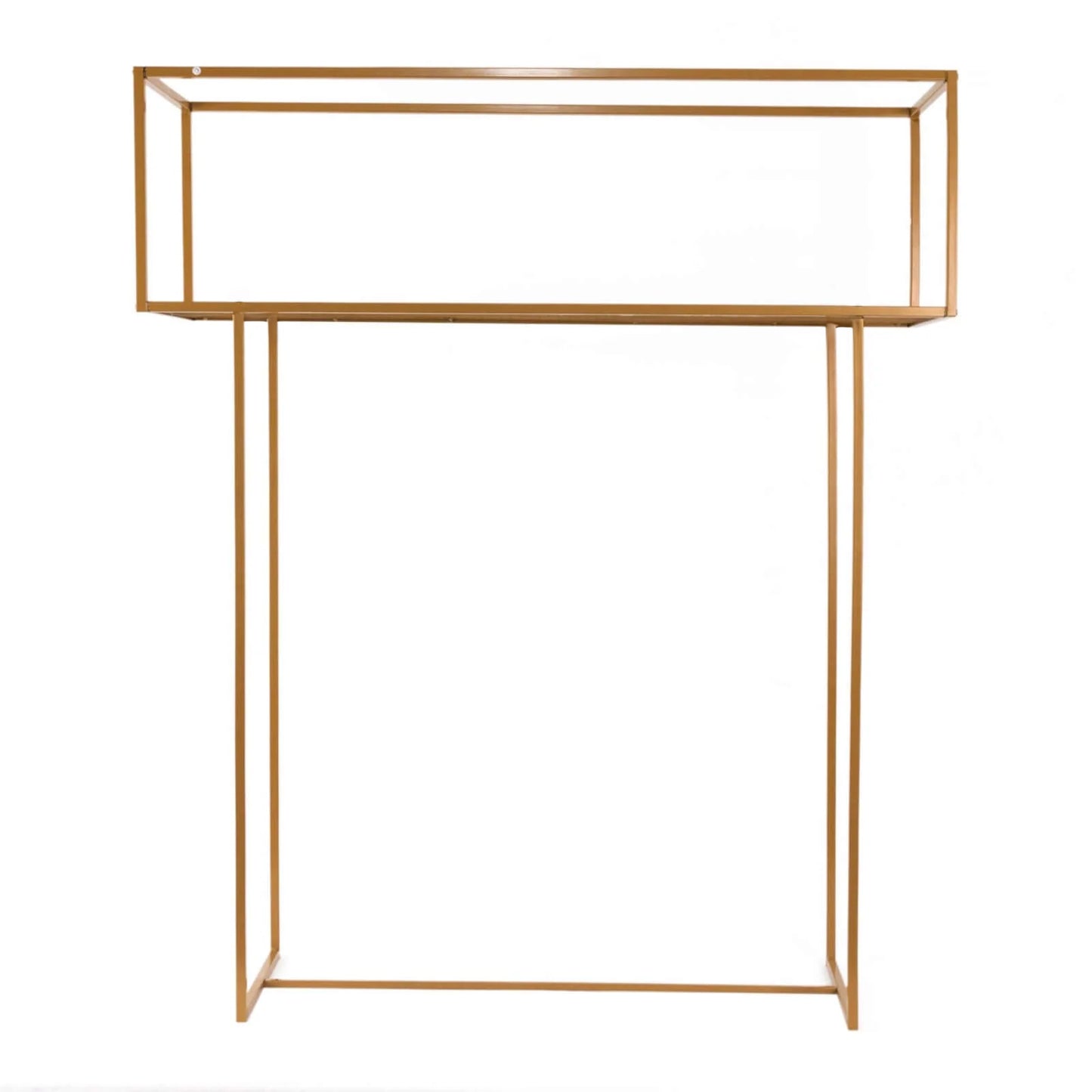 Gold floral arrangement tabletop display rack, tall rectangular centerpiece stand.