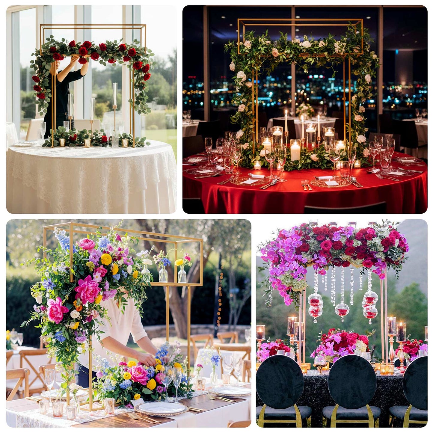 Gold floral arrangement tabletop display rack centerpiece stand.