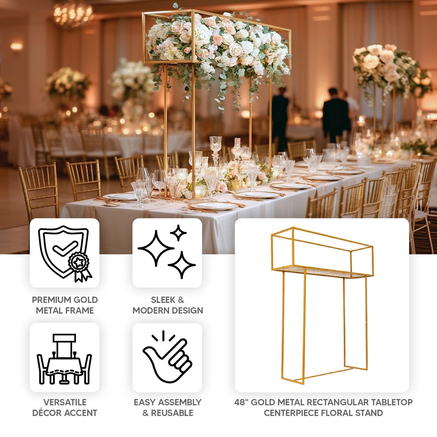 Gold floral arrangement tabletop display rack for elegant centerpieces.