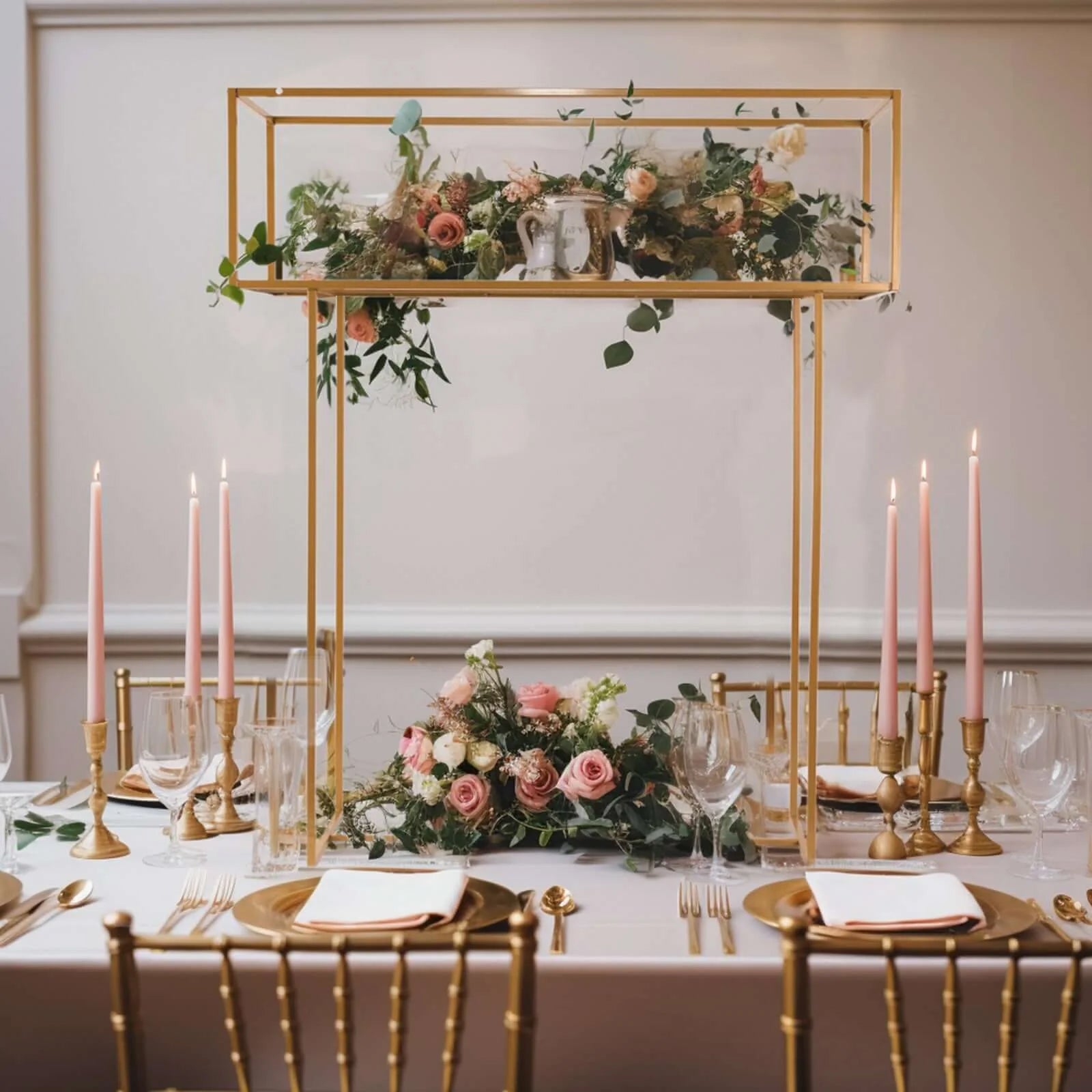 Gold floral arrangement tabletop display rack centerpiece stand.