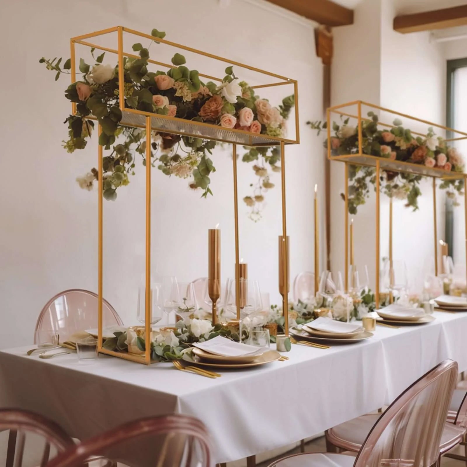 Gold floral arrangement tabletop display rack with elegant centerpiece design.