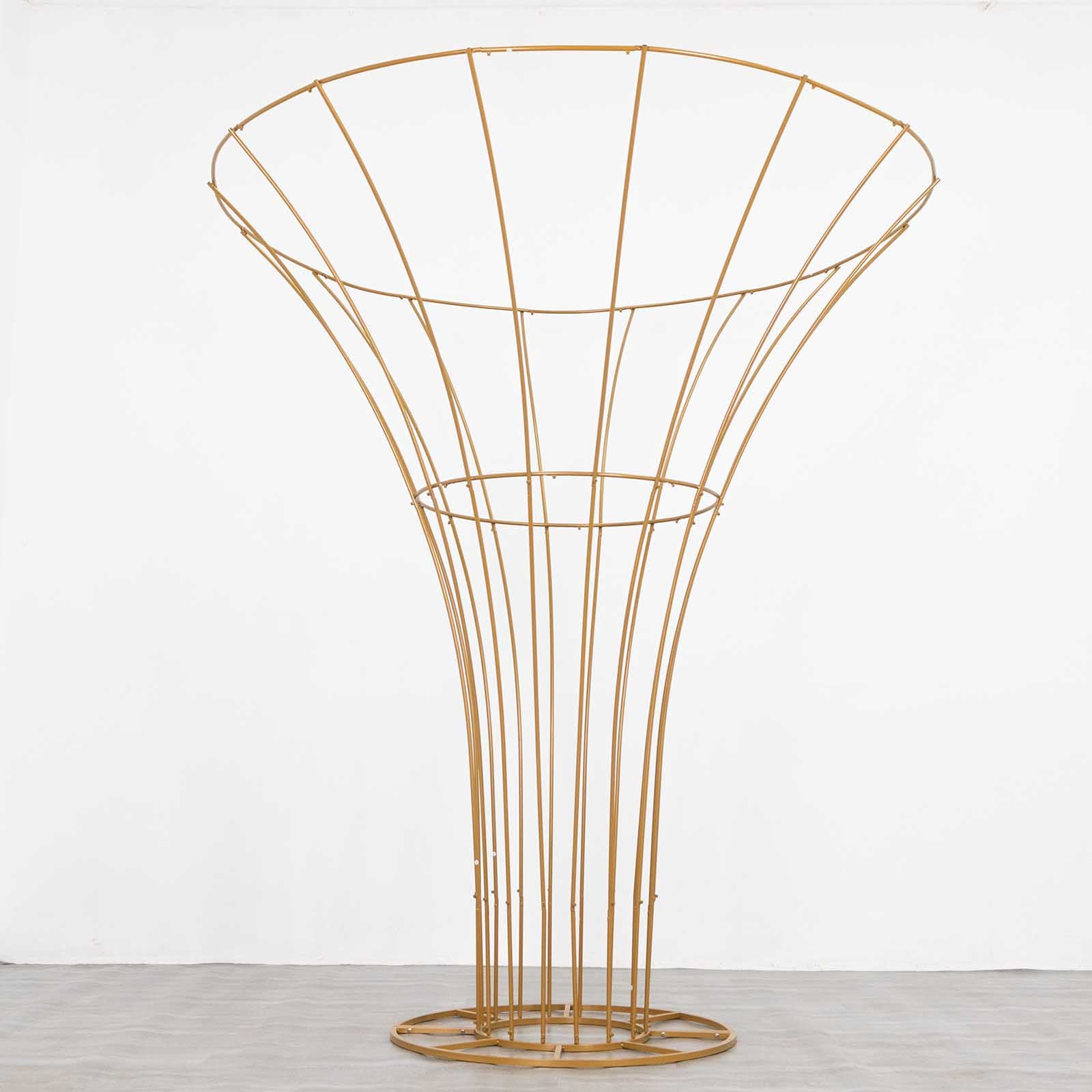 Gold metal flower display stand for weddings and events.