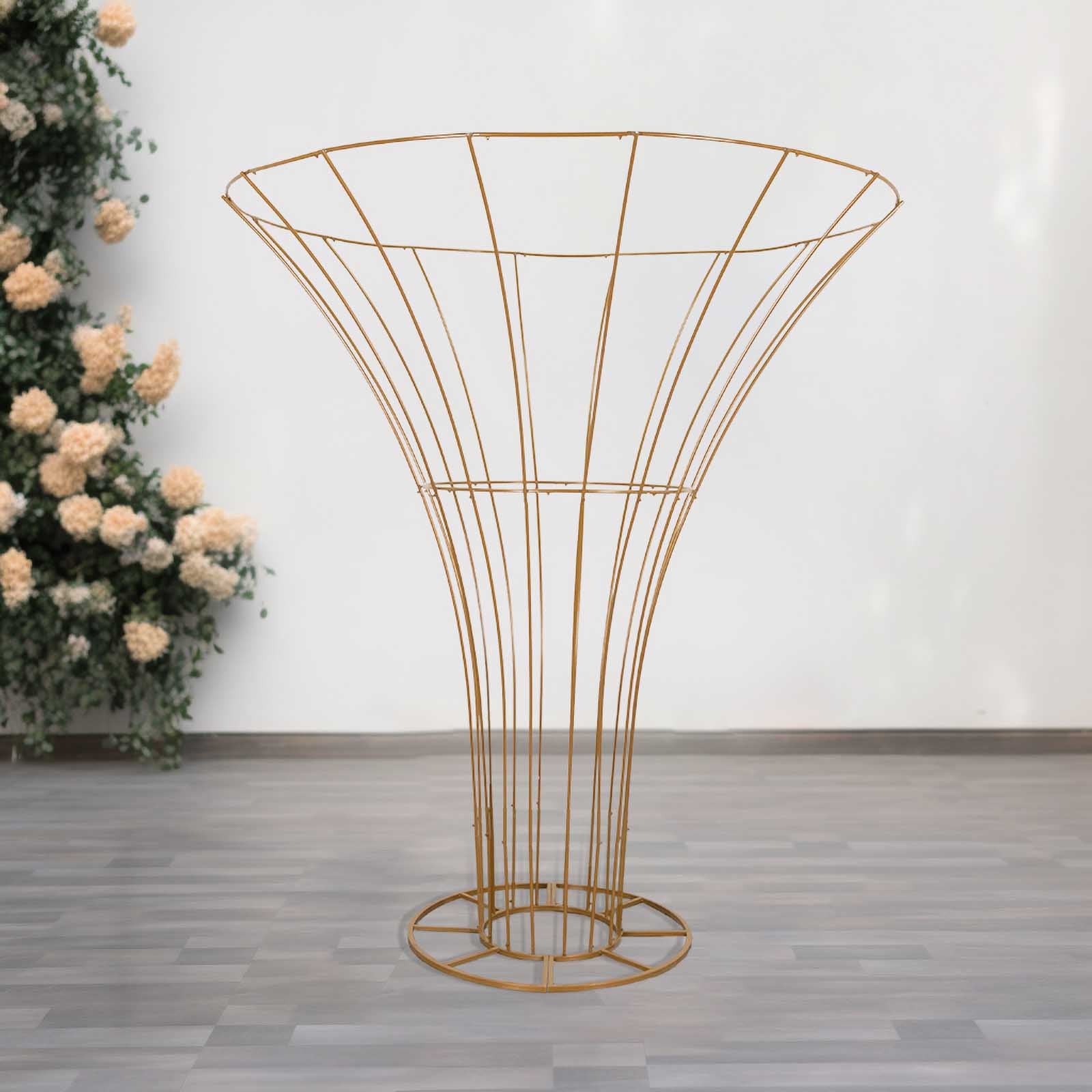 Gold floral display stand for weddings, 6.5ft tall metal flower frame.
