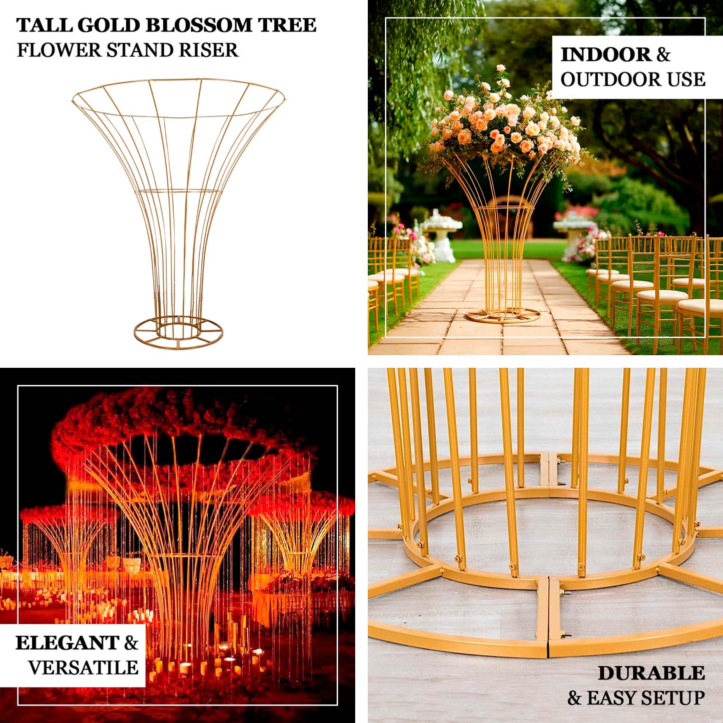 Gold floral display stand for weddings, elegant and versatile design.