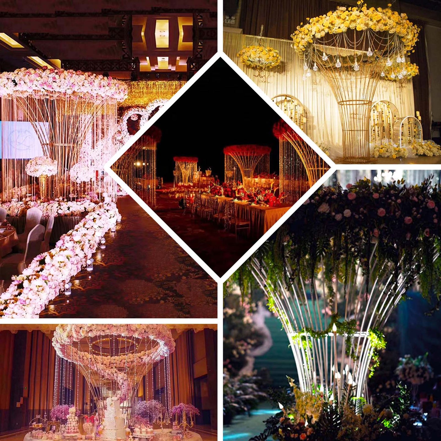 Gold floral display stand for weddings with elegant flower arrangements.