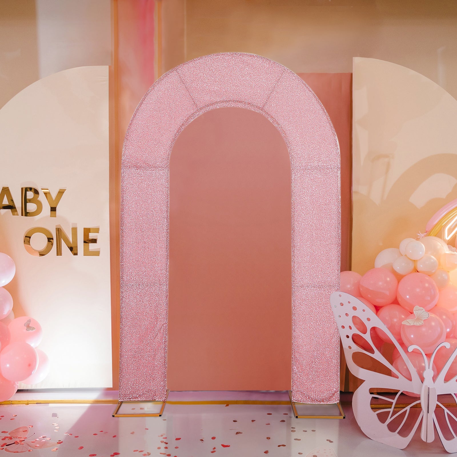 7ft rose gold shimmer tinsel wedding arch cover backdrop with double-sided design.