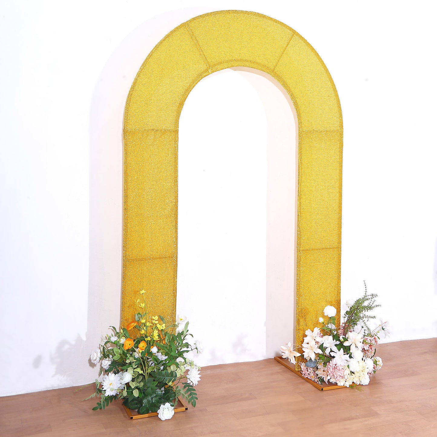 8ft Gold Spandex Fitted U-Shaped Wedding Arch Cover With Shimmer Tinsel Finish, Double-Sided Open Arch Backdrop Slipcover