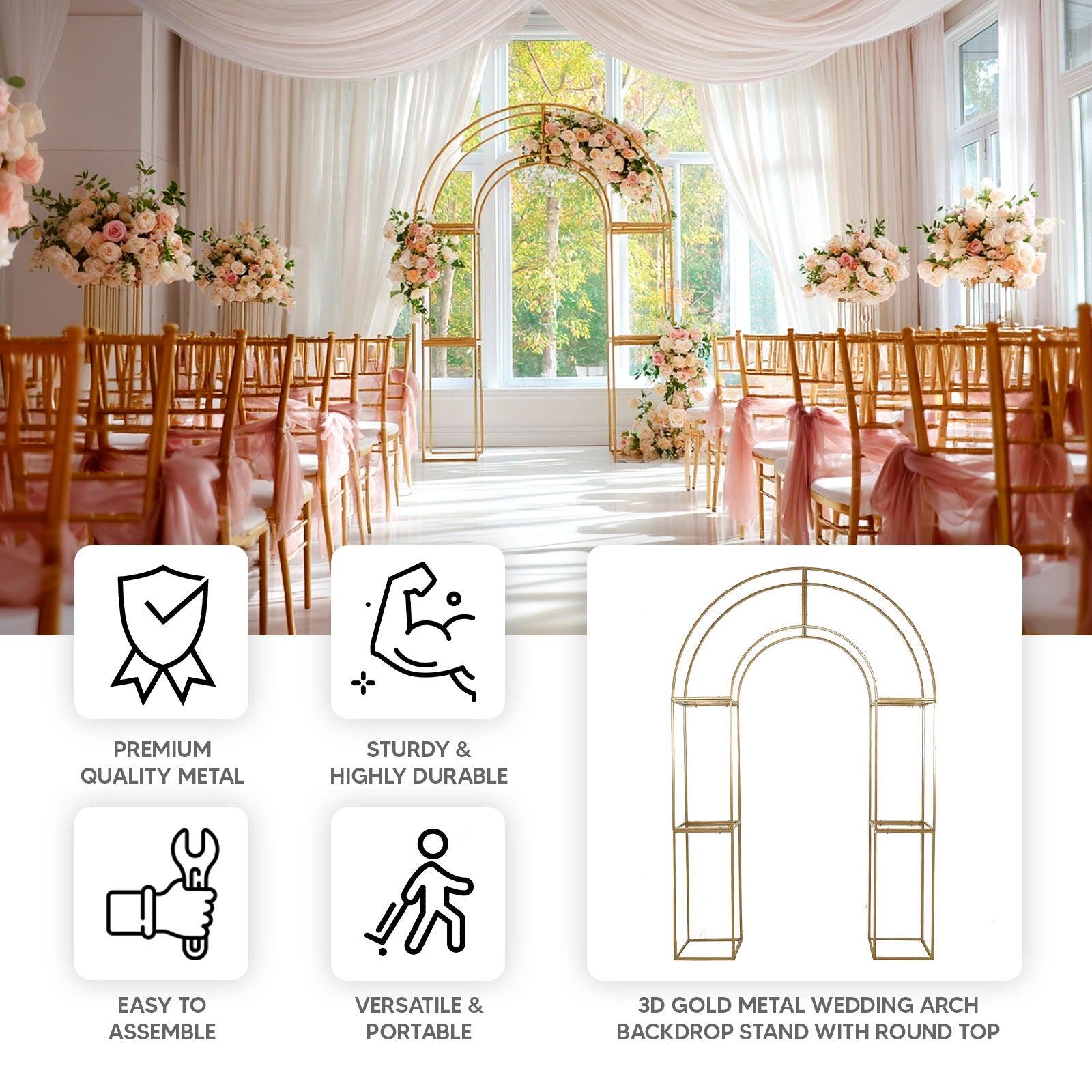 7.5ft Gold 3D Metal Wedding Arch Backdrop Stand with Round Top, Heavy-Duty Floral Balloon Frame