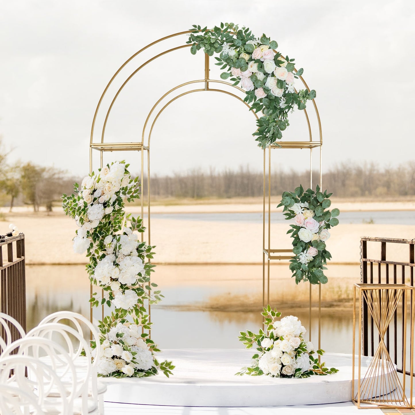 7.5ft Gold 3D Metal Wedding Arch Backdrop Stand with Round Top, Heavy-Duty Floral Balloon Frame for Elegant Parties