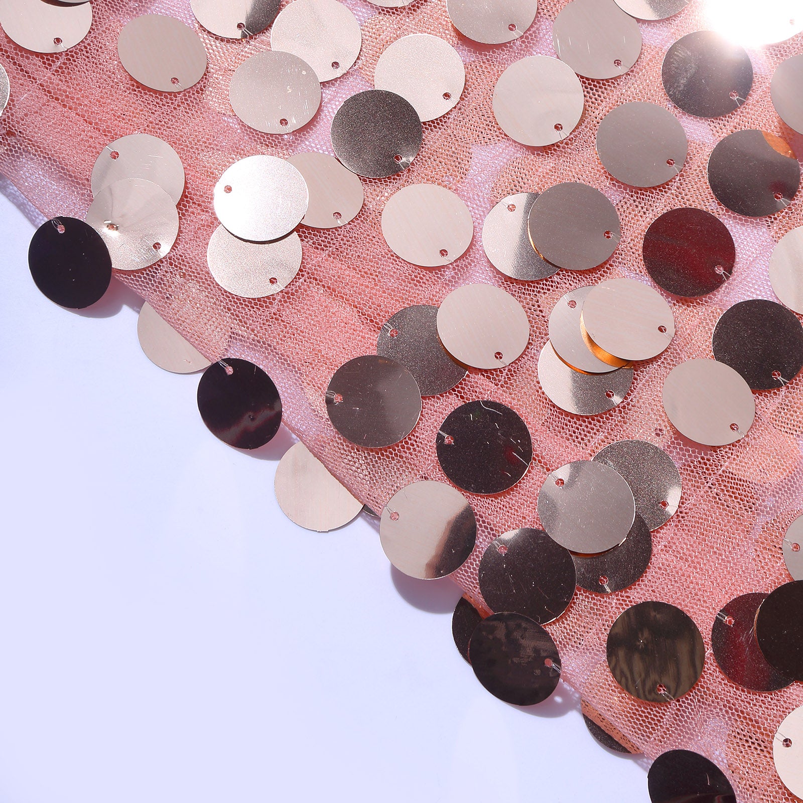 Rose gold sequin wedding arch cover with double-sided payette design.