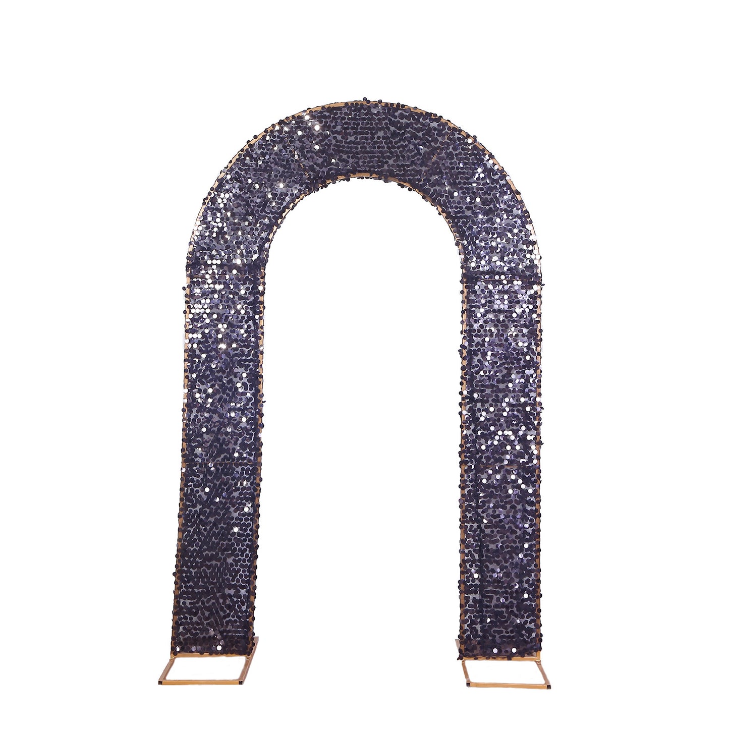 Black sequin wedding arch cover for elegant ceremonies.