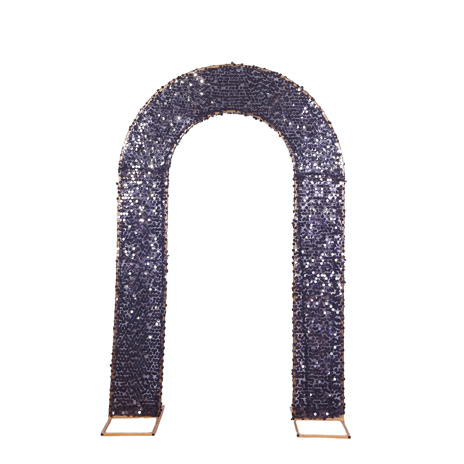 Black sequin wedding arch cover for elegant ceremonies.