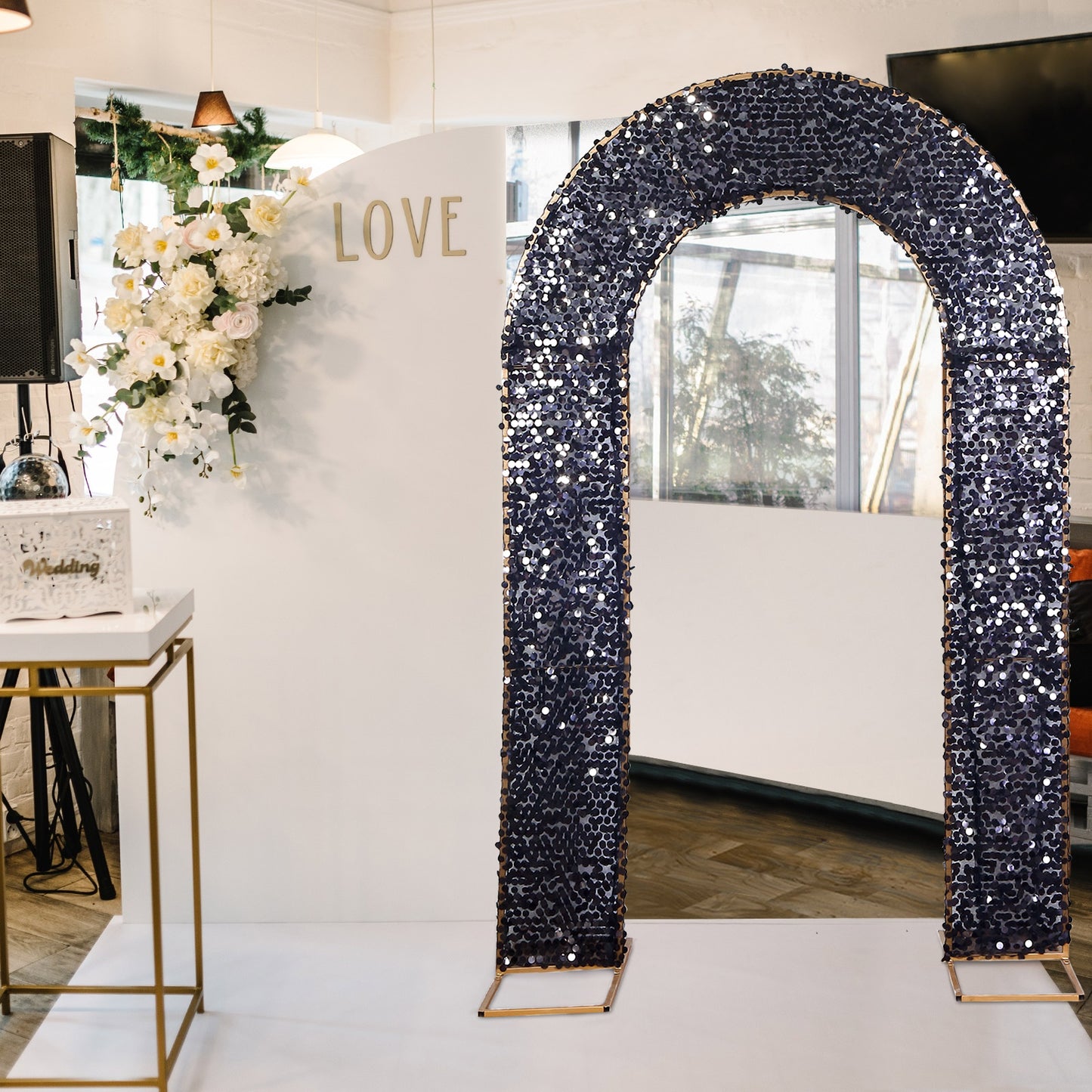 Black double-sided sequin wedding arch cover with U-shape design.