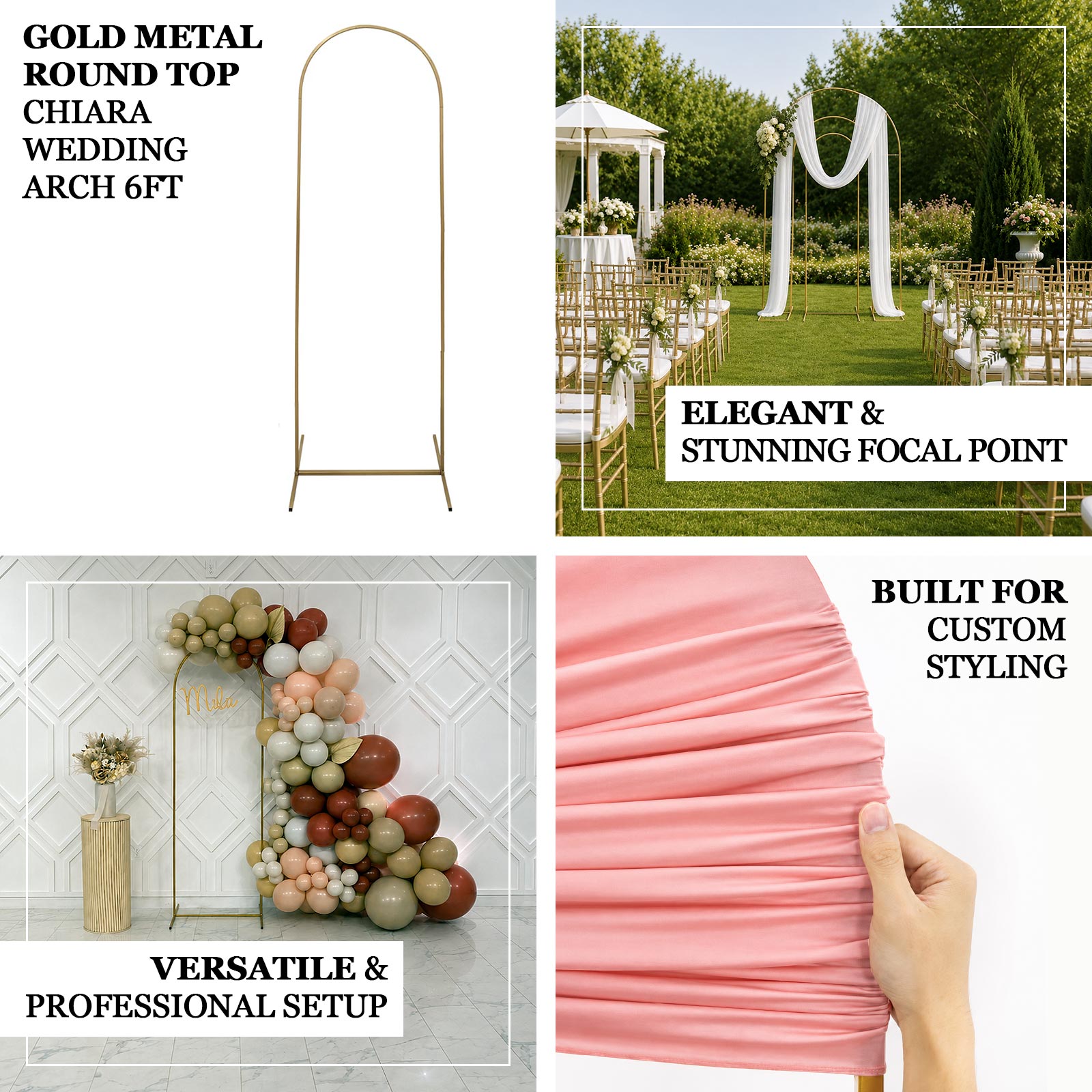 Gold ceremony arbor frame designed to support floral arrangements, drapery, and balloon garlands
