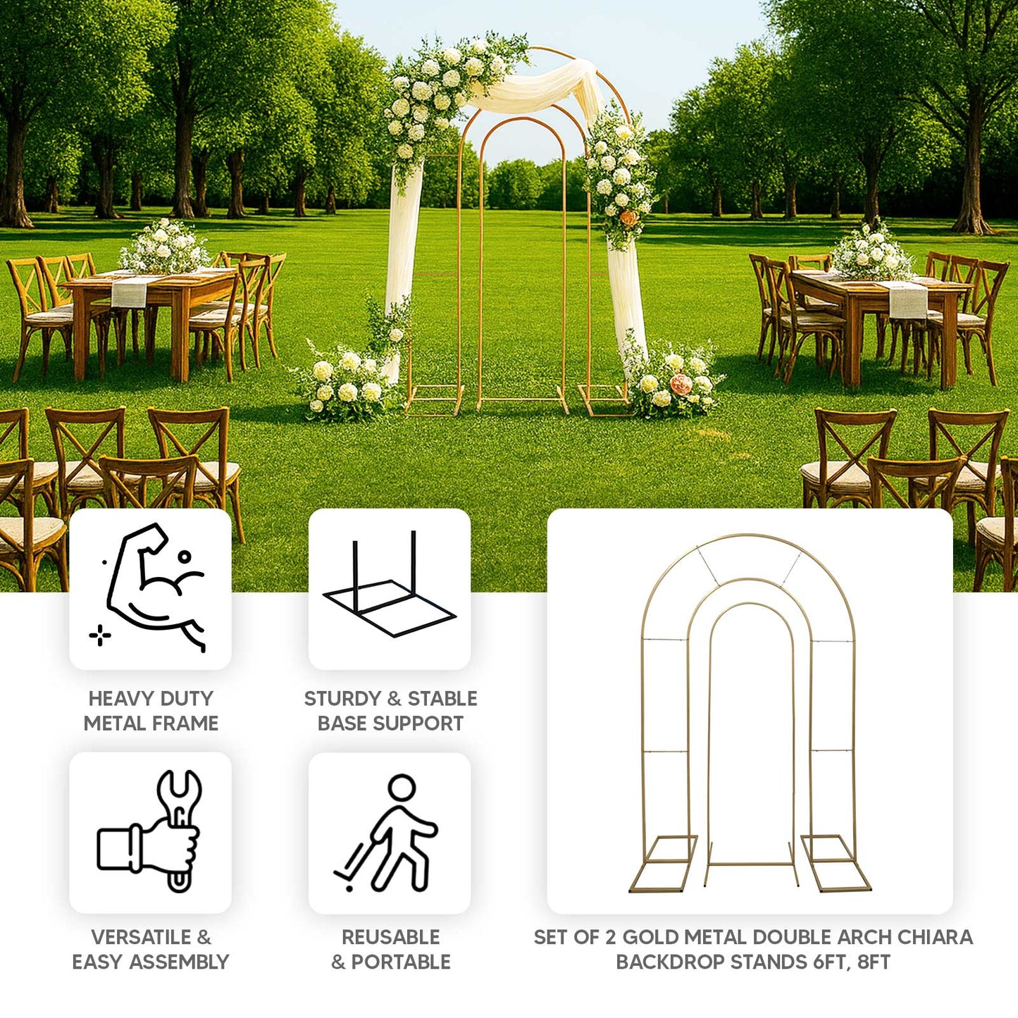 Set of 2 Gold Metal Round Top Chiara Backdrop Stand Wedding Arches, Double Arch Floral Balloon Frame Ceremony Arbors - 6ft,8ft