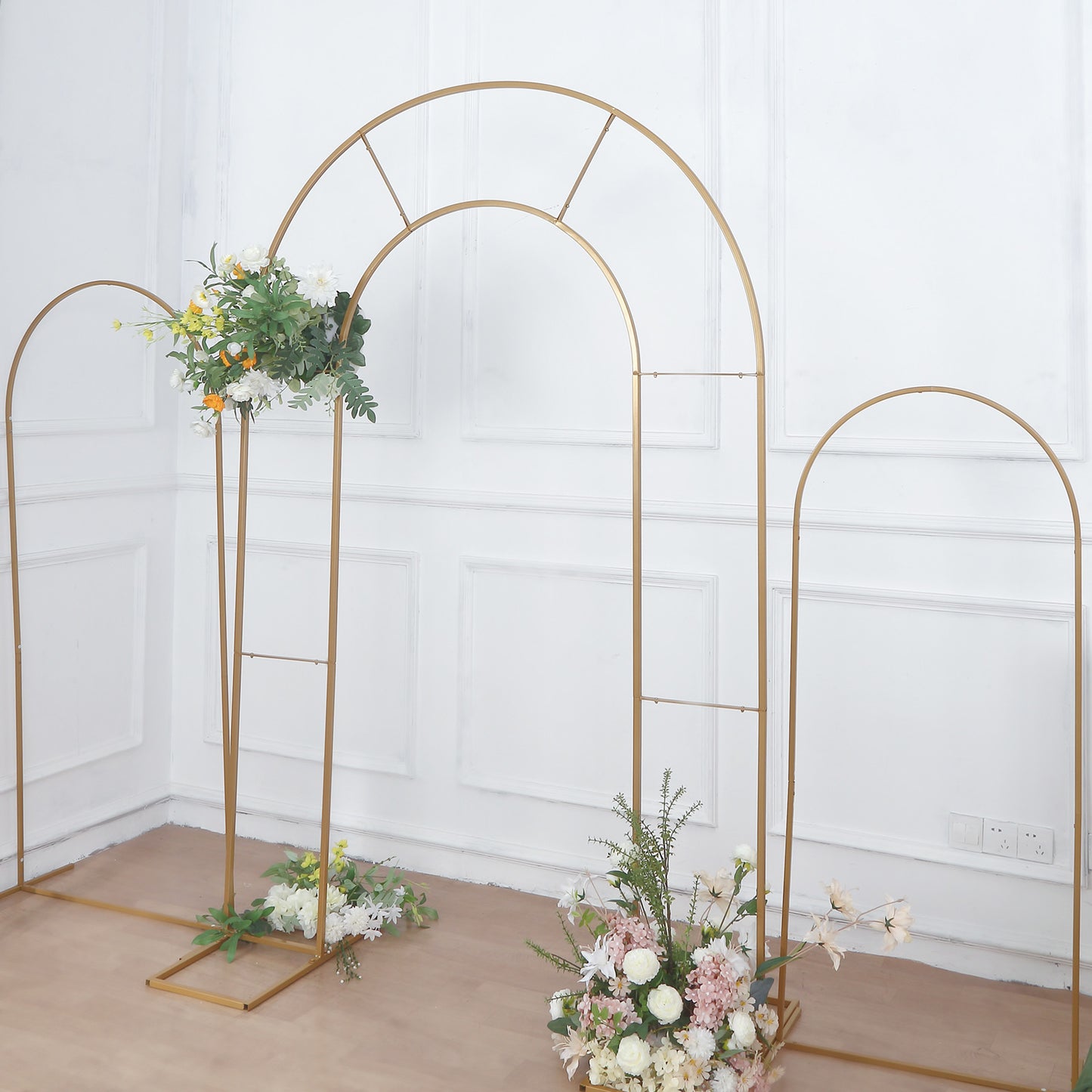 8ft Tall Gold Metal Round Top Double Arch Wedding Arbor Ceremony Stand, Flower Balloon Frame Backdrop Stand