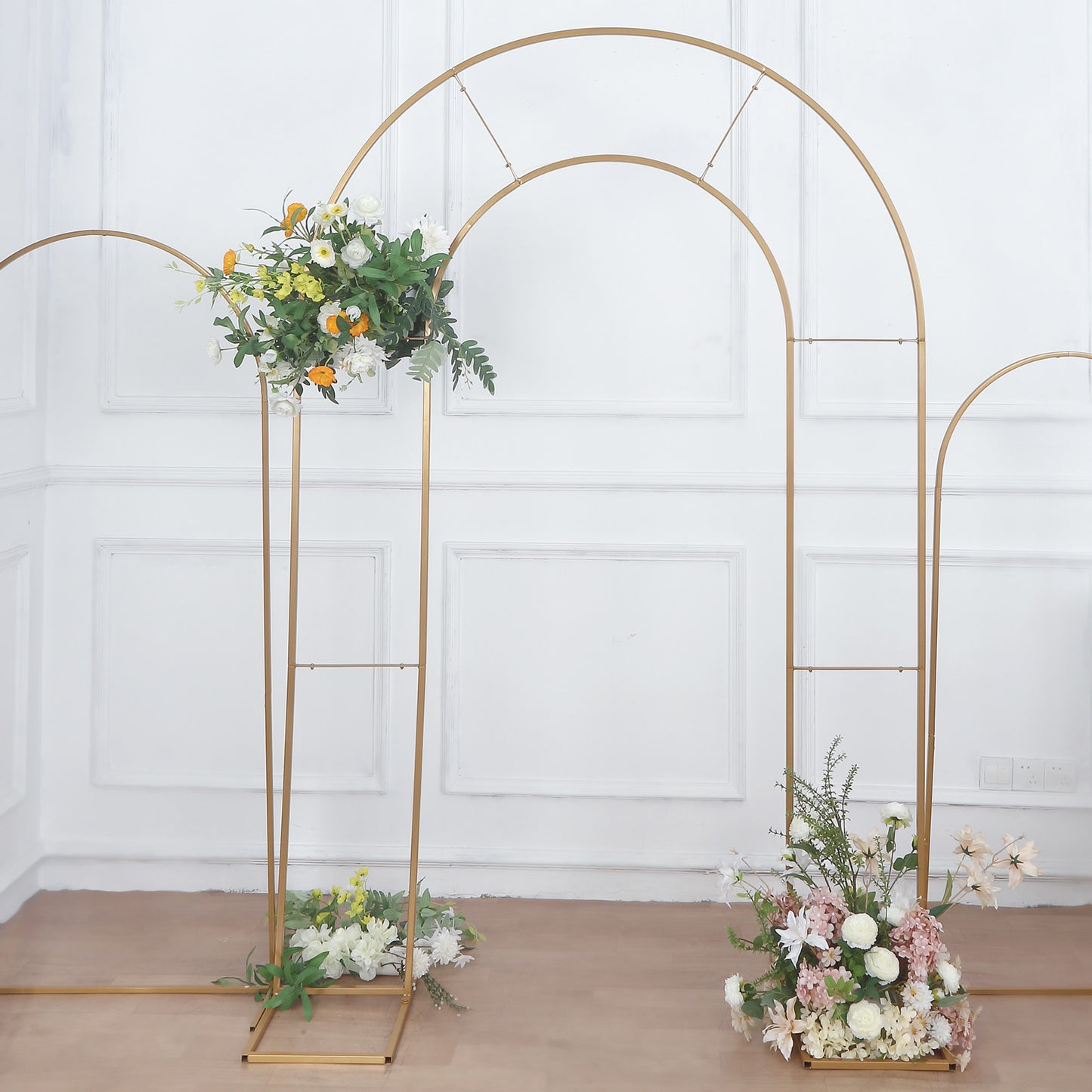 8ft Tall Gold Metal Round Top Double Arch Wedding Arbor Ceremony Stand, Flower Balloon Frame Backdrop Stand