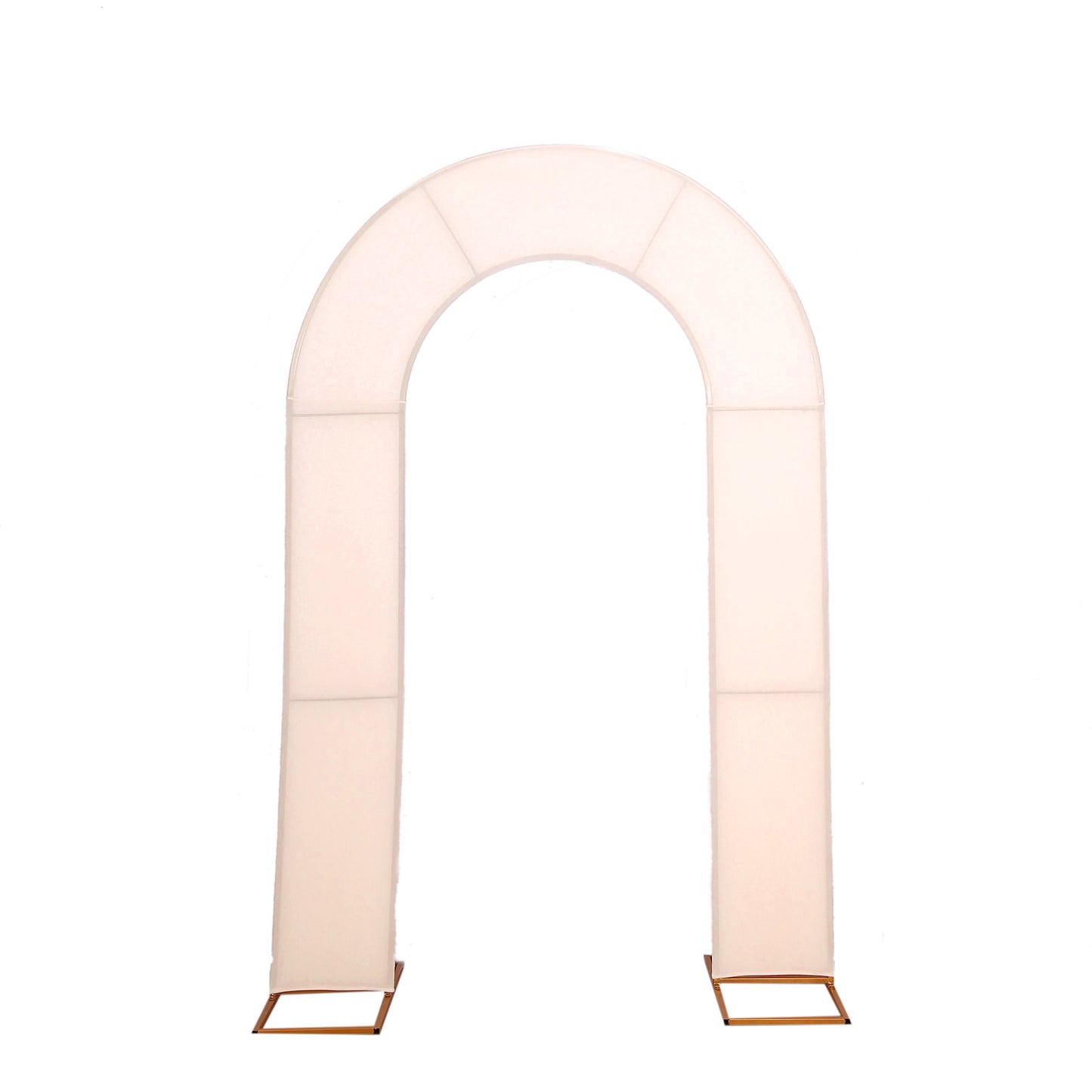 Blush spandex fitted wedding arch cover with double-sided backdrop.