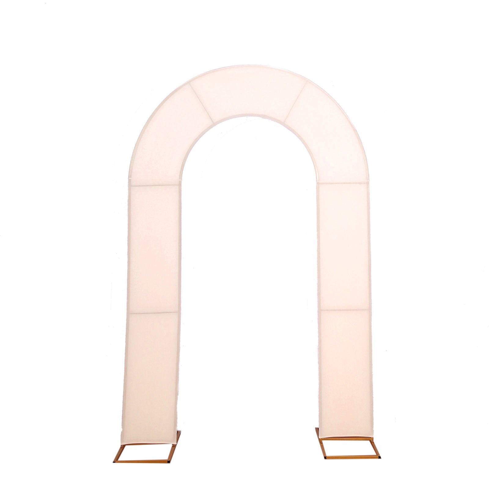 Blush spandex fitted wedding arch cover with double-sided backdrop.