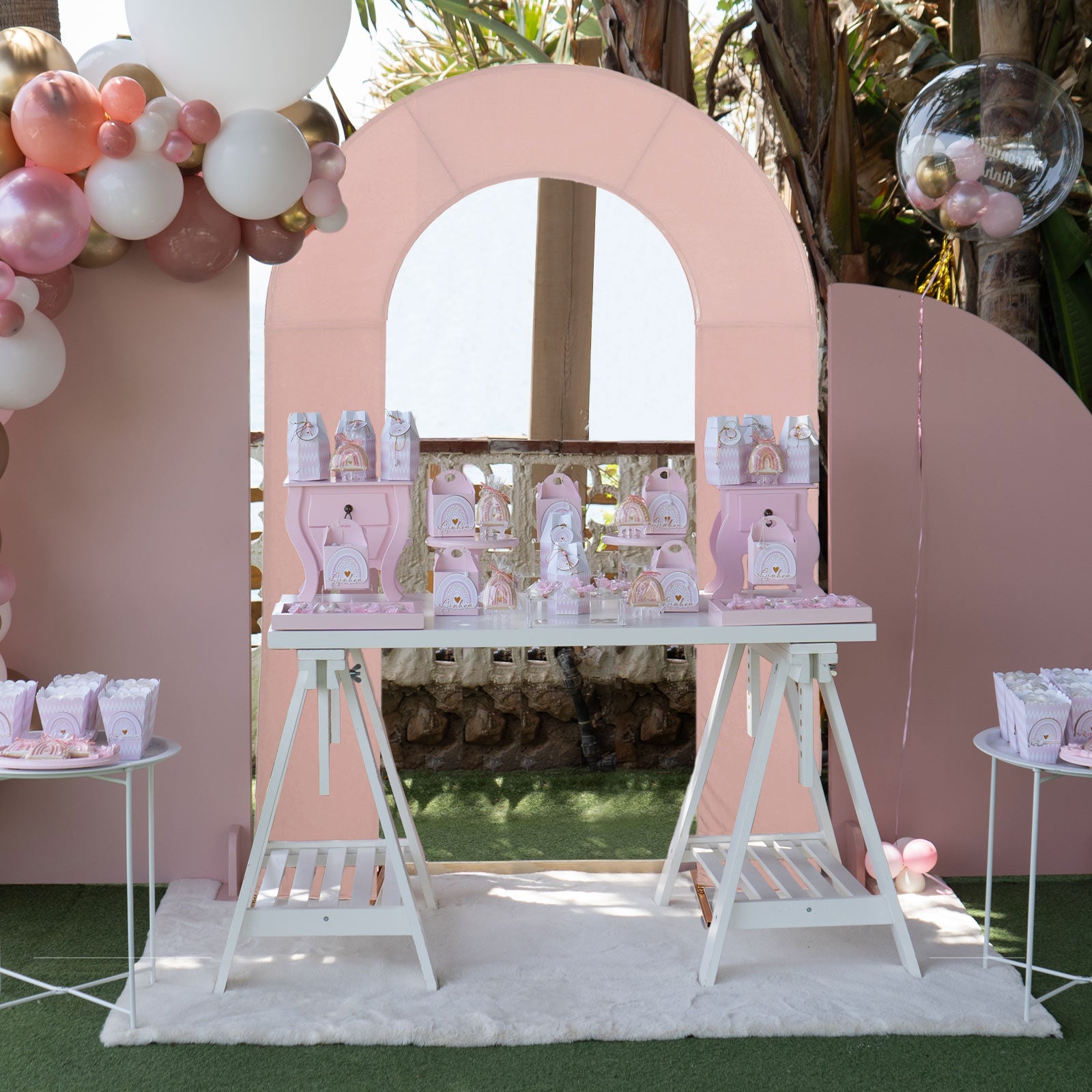 Dusty rose U-shaped wedding arch cover backdrop with decorations.