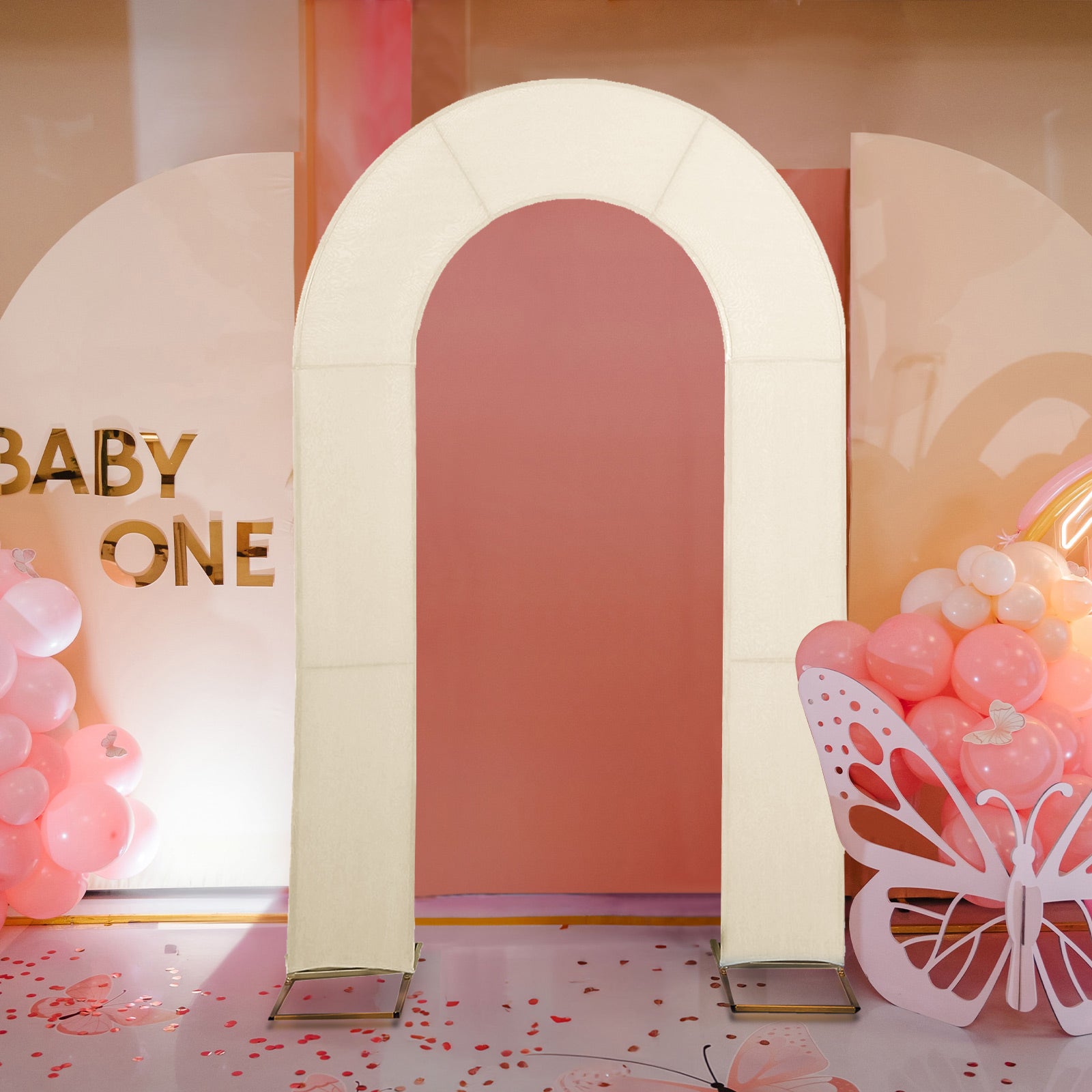 Beige spandex fitted wedding arch cover backdrop.