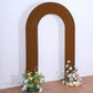 Cinnamon brown spandex wedding arch cover with floral arrangements.
