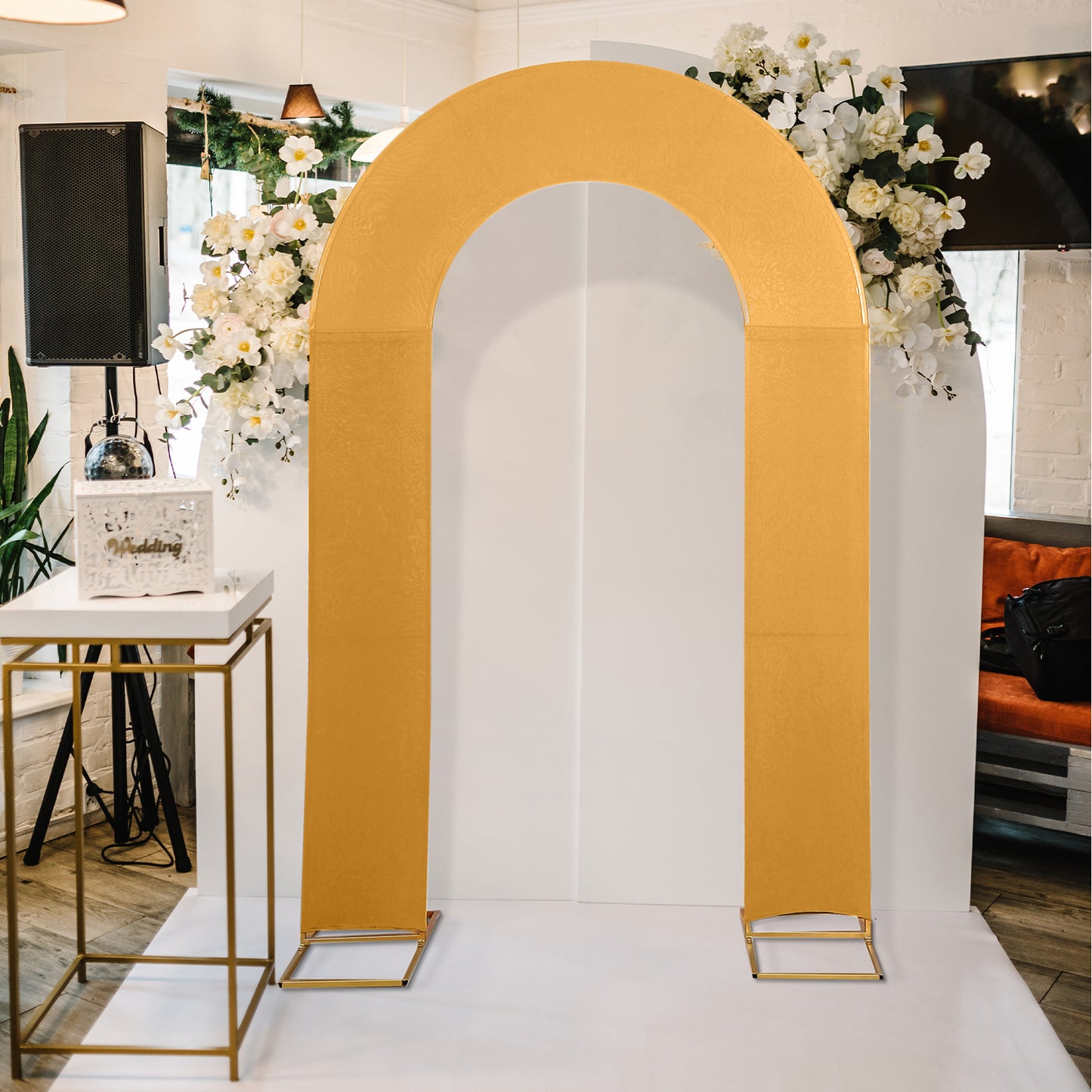 8ft Gold Spandex Fitted Open Arch Wedding Arch Cover, Double-Sided U-Shaped Backdrop Slipcover