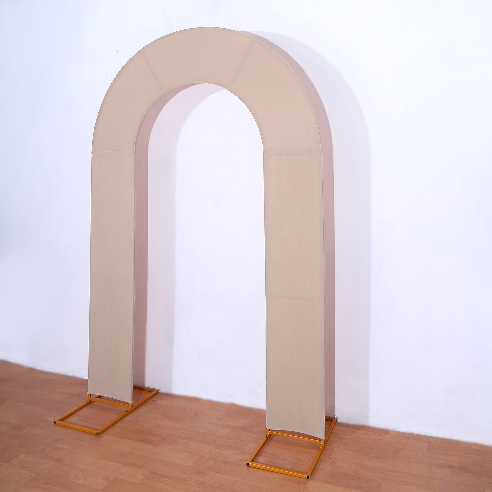 Nude spandex fitted open arch cover for weddings, double-sided backdrop.