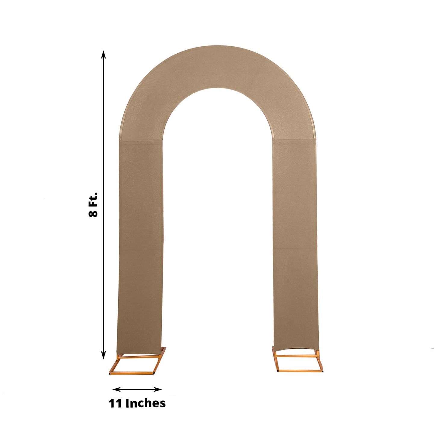 8ft taupe spandex fitted open arch cover for weddings.
