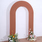 8ft rust spandex fitted wedding arch cover with floral arrangements.