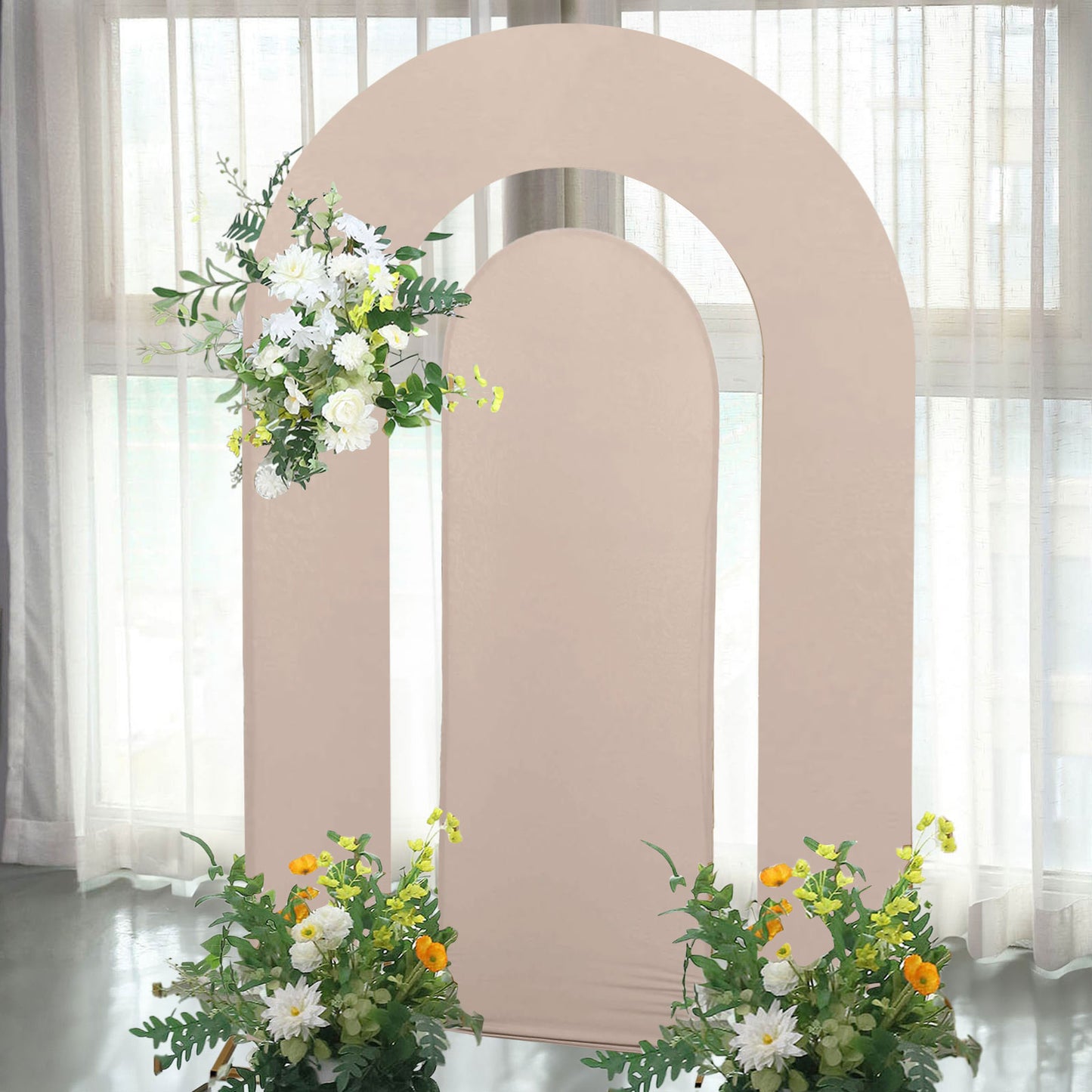 Nude spandex fitted wedding arch covers for round and double arch stands.