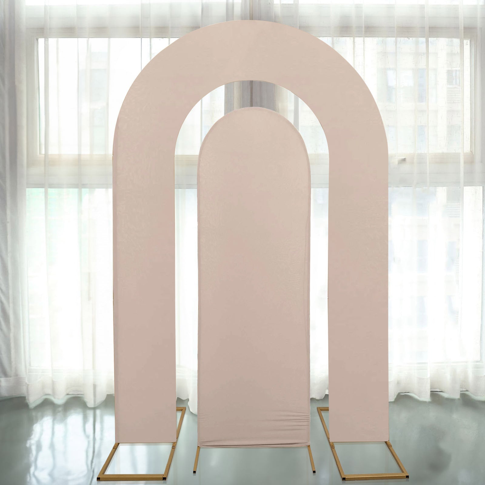 Nude spandex fitted wedding arch covers for backdrop stands.
