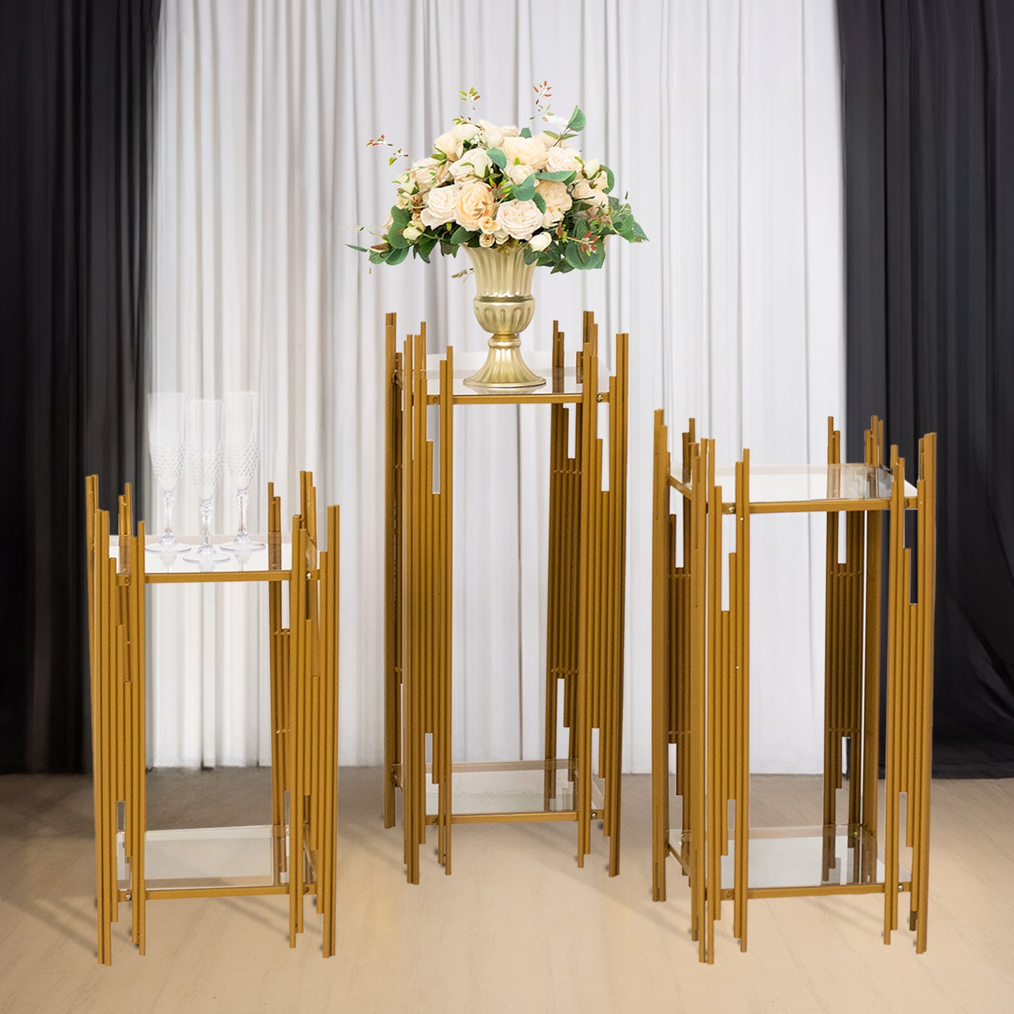 Set of 3 Gold Metal Plinths Cake Table Pedestal Stands With Square Acrylic Plates, Wedding Props Flower Display Stands - 26",30",34"