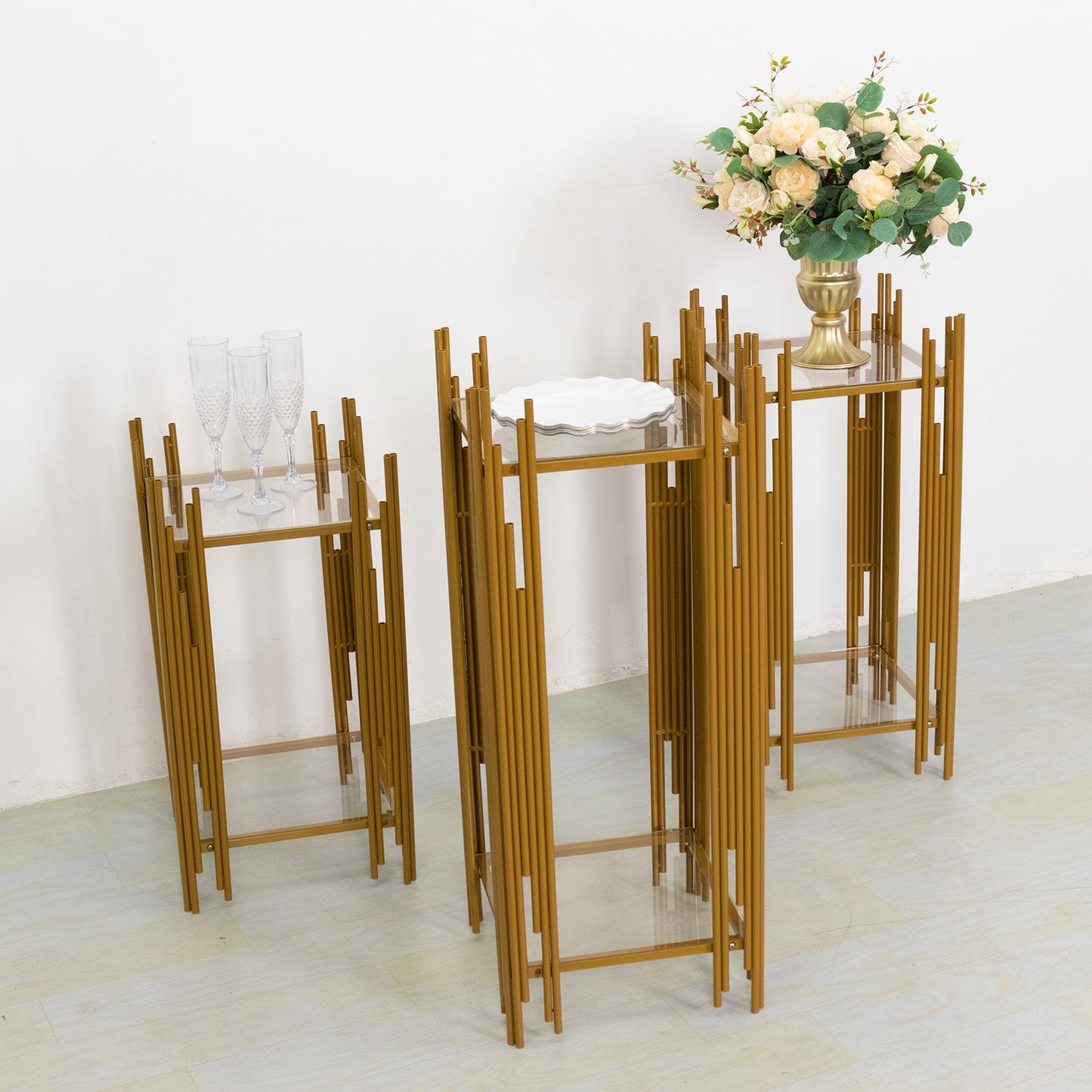 Set of 3 Gold Metal Plinths Cake Table Pedestal Stands With Square Acrylic Plates, Wedding Props Flower Display Stands - 26",30",34"