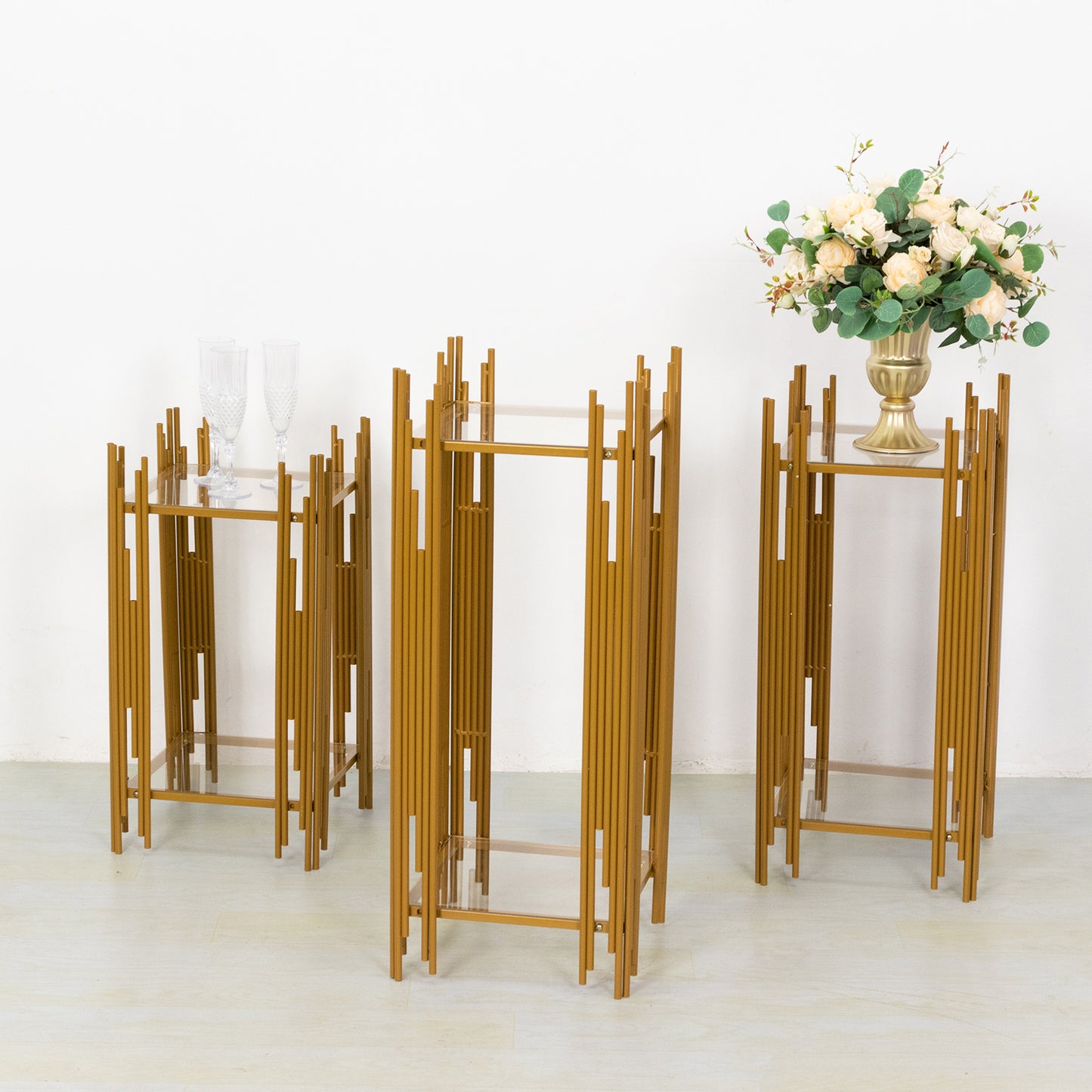 Set of 3 Gold Metal Plinths Cake Table Pedestal Stands With Square Acrylic Plates, Wedding Props Flower Display Stands - 26",30",34"